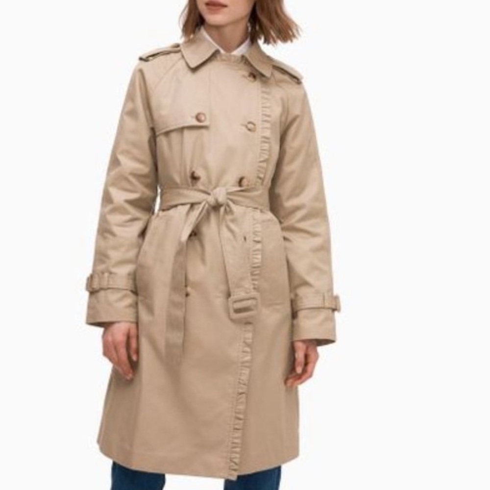 Kate Spade women’s Ruffle Rim Trench Coat, Tuscan Beige, size S; NWT